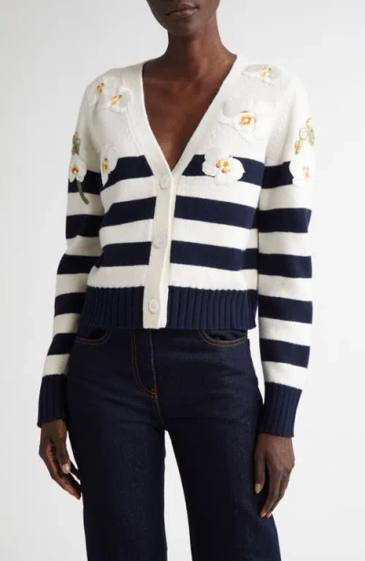 Oscar De La Renta Embroidered Orchid Stripe Wool Cardigan In Navy/ivory
