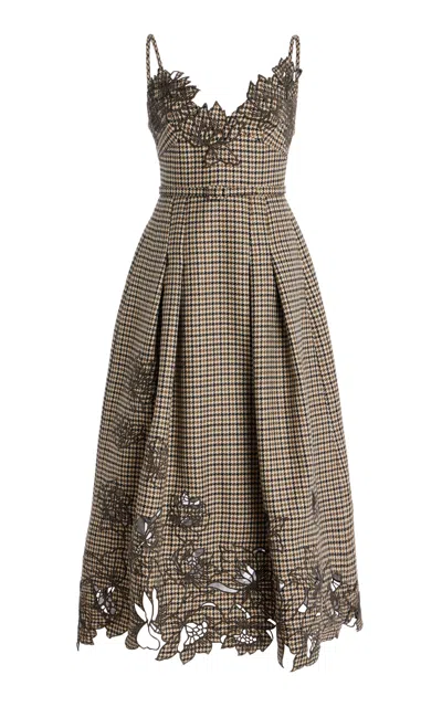 Oscar De La Renta Embroidered Pied De Poule Wool Midi Dress In Multi