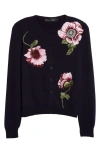 Oscar De La Renta Wool Knit Cardigan With Threadwork Embroidered Poppies In Navy/ Pink