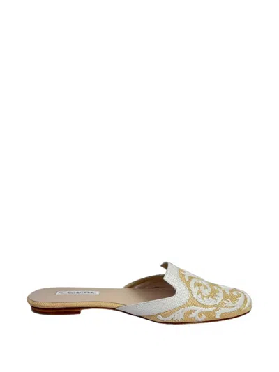 Pre-owned Oscar De La Renta Embroidered Raffia Mules In Neutrals