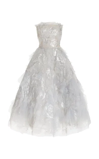 Oscar De La Renta Embroidered Ruffled Tulle Gown In Silver