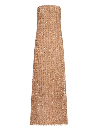 Oscar De La Renta Floral Grid Embroidered Gown In Brown