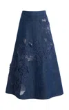Oscar De La Renta Embroidered Stretch-denim A-line Midi Skirt In Blue