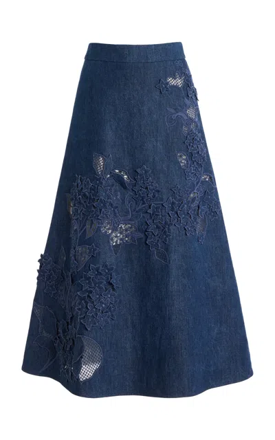 Oscar De La Renta Embroidered Stretch-denim A-line Midi Skirt In Blue