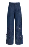 Oscar De La Renta Embroidered Stretch-denim Wide-leg Pants In Blue