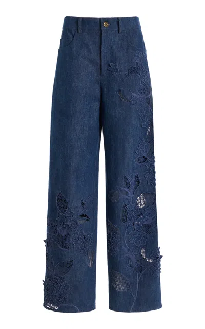 Oscar De La Renta Embroidered Stretch-denim Wide-leg Pants In Blue