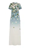 Oscar De La Renta Embroidered Stretch-silk Gown In Light Blue