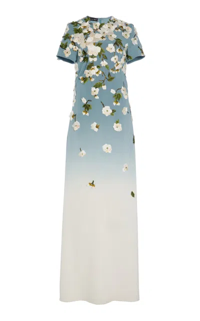 Oscar De La Renta Embroidered Stretch-silk Gown In Light Blue