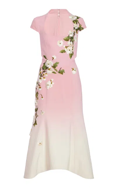 Oscar De La Renta Embroidered Stretch-wool Midi Dress In Pink
