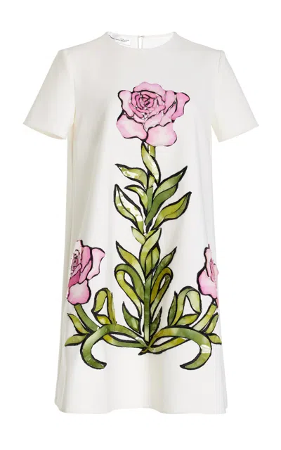 Oscar De La Renta Embroidered Stretch-wool Mini Dress In Ivory