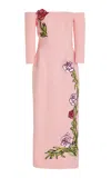 Oscar De La Renta Embroidered Stretch-wool Off-the-shoulder Midi Dress In Light Pink