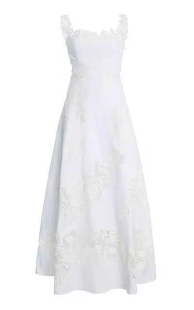 Oscar De La Renta Embroidered Stretch-cotton Twill Midi Dress In White