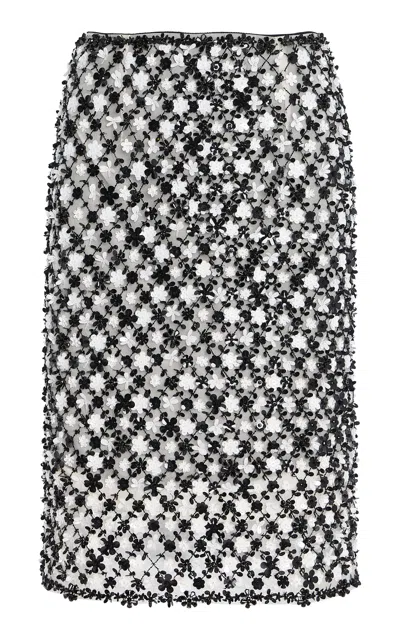 Oscar De La Renta Embroidered Tulle Midi Skirt In Black,white