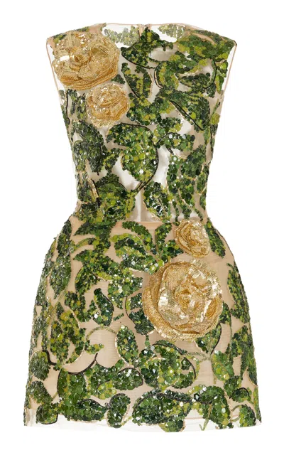 Oscar De La Renta Embroidered Tulle Mini Dress In Green