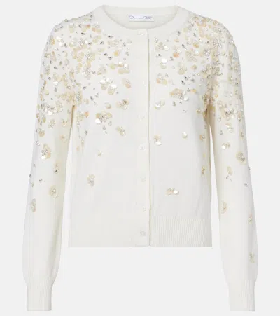 Oscar De La Renta Embroidered Virgin Wool Cardigan In White