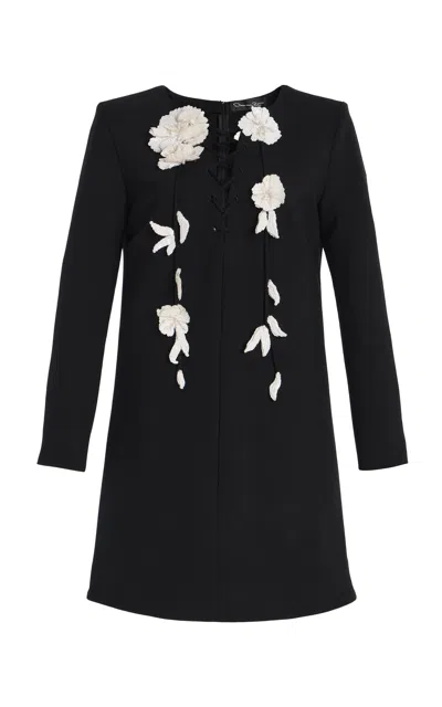 Oscar De La Renta Embroidered Wool-blend Mini Dress In Black