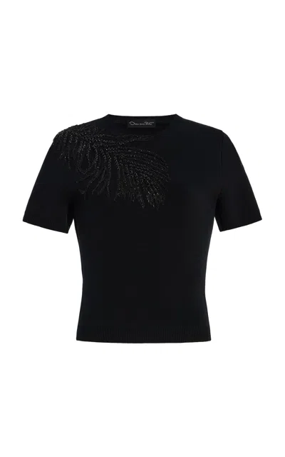 Oscar De La Renta Embroidered Wool-blend Top In Black
