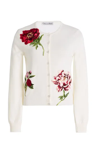 Oscar De La Renta Embroidered Wool Cardigan In Ivory