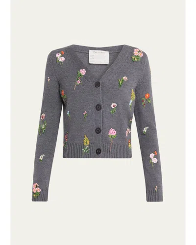 Oscar De La Renta Embroidered Wool Mini V-neck Cardigan In Gray
