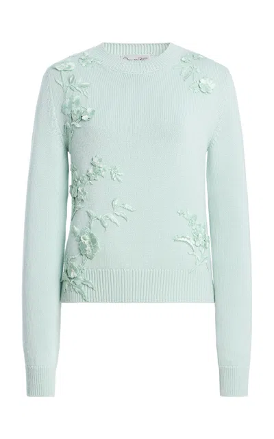 Oscar De La Renta Embroidered Wool Sweater In Green