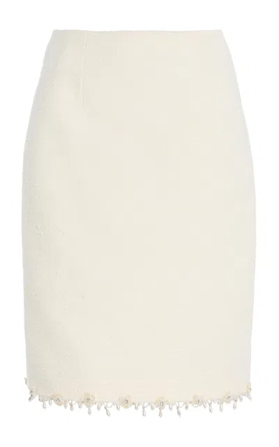 Oscar De La Renta Embroidered Wool-tweed Knee-length Skirt In White
