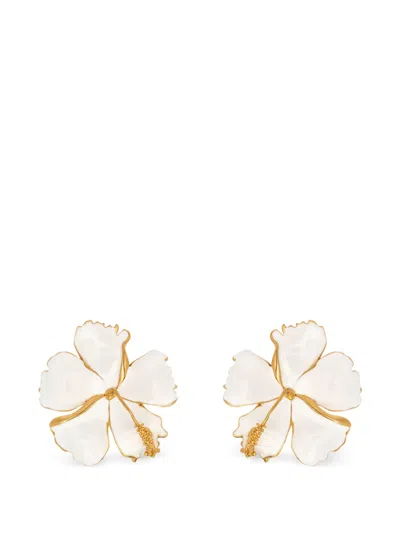 Oscar De La Renta Enamel Hibiscus Clip-on Earrings In Gold