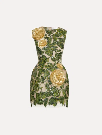Oscar De La Renta English Rose & Leaves Embroidered Dress In Green