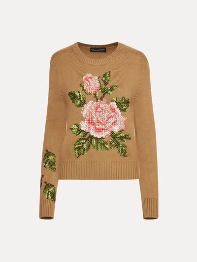 Oscar De La Renta English Rose Cross Stich Pullover In Brown