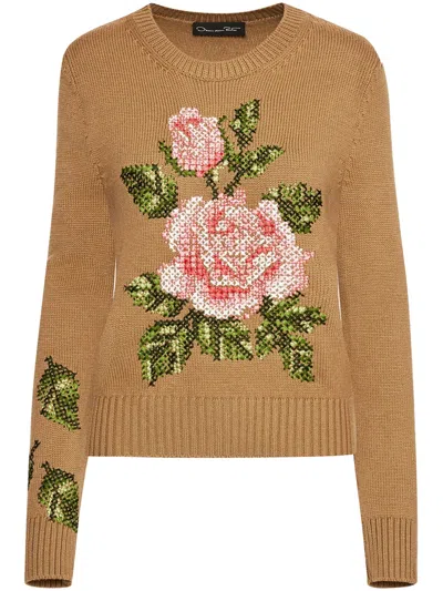 Oscar De La Renta English Rose Embroidered Jumper In Brown