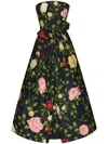 Oscar De La Renta Strapless English Roses Faille Tea-length Dress In Blue