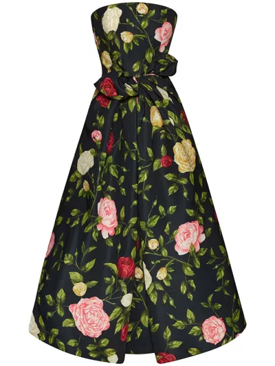 Oscar De La Renta Strapless English Roses Faille Tea-length Dress In Navy