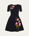 Oscar De La Renta English Rose Jacquard Fit-and-flare Dress In Navy/pink