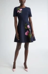 Oscar De La Renta Short Sleeve English Rose Mini Dress In Blue