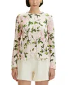 Oscar De La Renta English Rose Printed Crewneck Cardigan With Scalloped Trim In Pink/blush