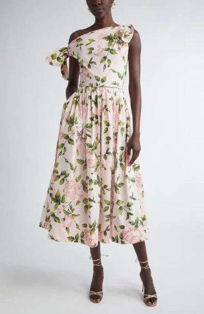 Oscar De La Renta English Rose Print One-shoulder Belted Dress