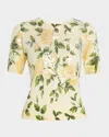 Oscar De La Renta English Rose-print Sequined Short-sleeve Sweater In Soft Yellow