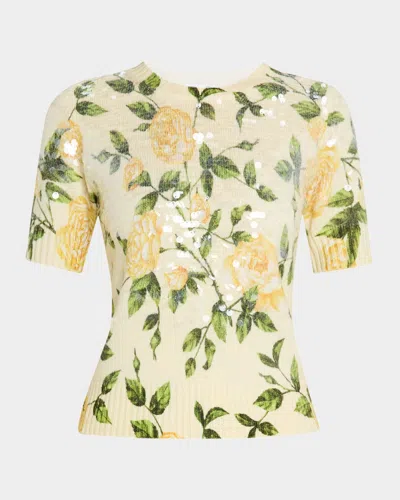 Oscar De La Renta English Rose-print Sequined Short-sleeve Sweater In Soft Yellow