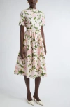 Oscar De La Renta English Rose Print Stretch Cotton Belted Dress