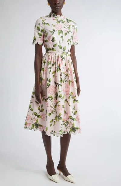 Oscar De La Renta English Rose Print Stretch Cotton Belted Dress In Pink/blush