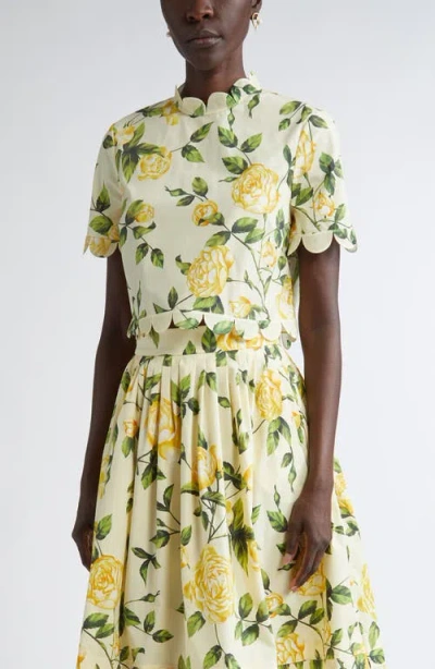 Oscar De La Renta English Rose Print Stretch Cotton Crop Top