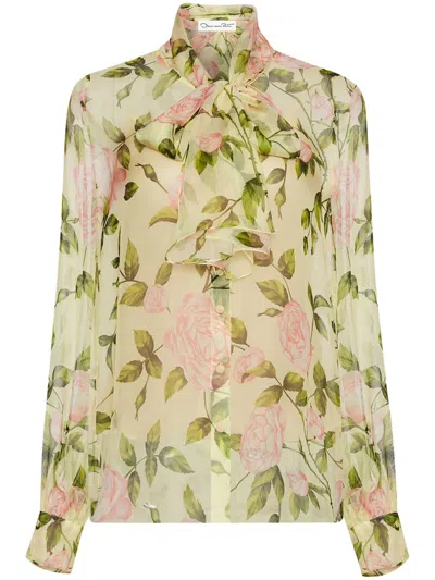 Oscar De La Renta English Rose Silk Chiffon Blouse In Neutrals