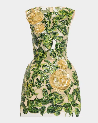 Oscar De La Renta English Roses And Leaves Sequin Sleeveless Mini Dress In Ivorygreen