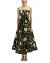 Oscar De La Renta Strapless English Roses Faille Tea-length Dress In Navy Multi