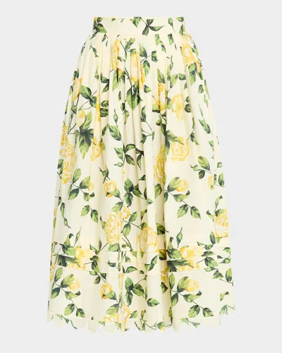 OSCAR DE LA RENTA ENGLISH ROSES PLEATED POPLIN SCALLOP-TRIM MIDI SKIRT