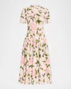 Oscar De La Renta English Roses Poplin Short-sleeve Pleated Dress In Pinkblush