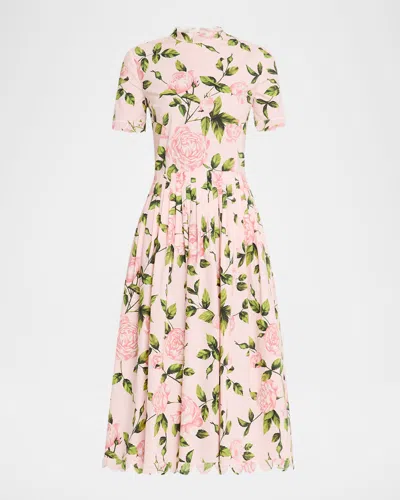 Oscar De La Renta English Roses Poplin Short-sleeve Pleated Dress In Pinkblush