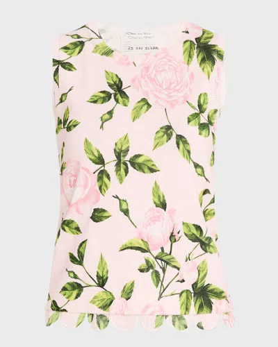 Oscar De La Renta English Roses-print Knit Tank With Scalloped Trim In Pink/blush