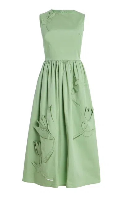Oscar De La Renta Exclusive Riviera Floral-appliquéd Cotton Midi Dress In Green