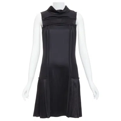 Pre-owned Oscar De La Renta F15 100% Silk Cotton Foldover Collar Trimmed Dress Us0 Xs In Black