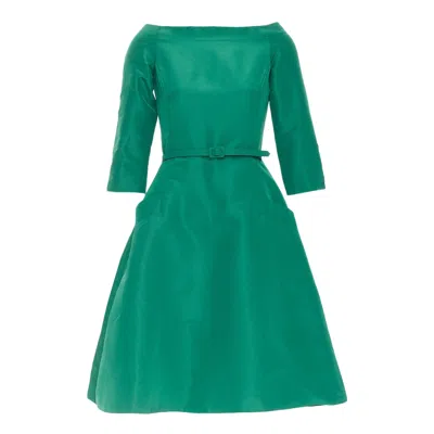 Pre-owned Oscar De La Renta F17 Silk Taffeta Bateau Neck Belted Fit Flare Dress Us0 Xs In Blue